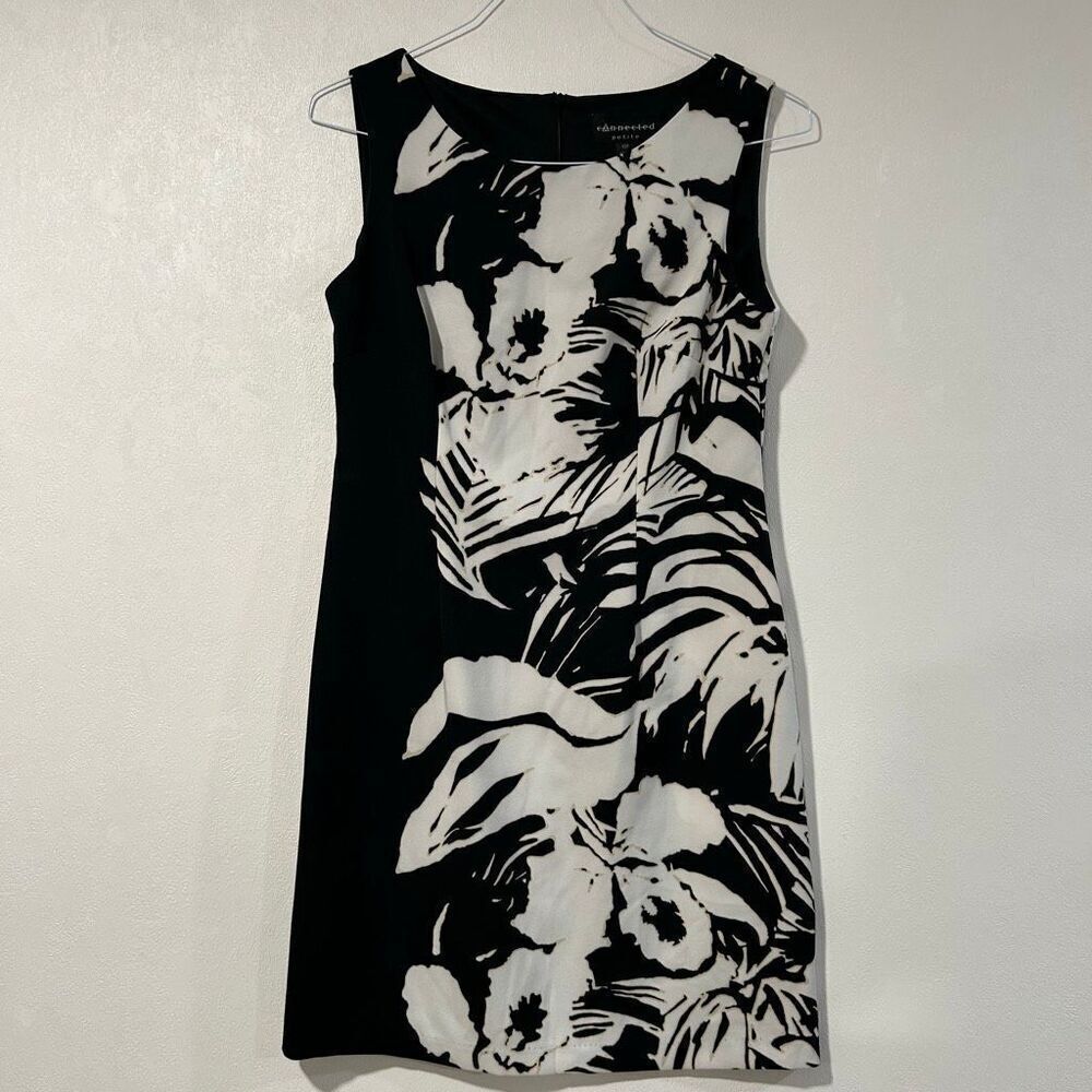 Connected Petite Black White Floral Sheath Dress Women’s 10P Sleeveless Work Car